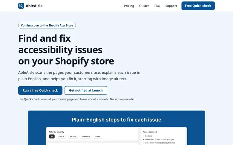 Screenshot of the AbleAisle homepage