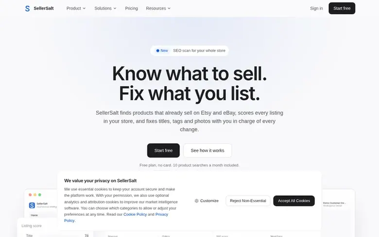 Screenshot of the SellerSalt homepage