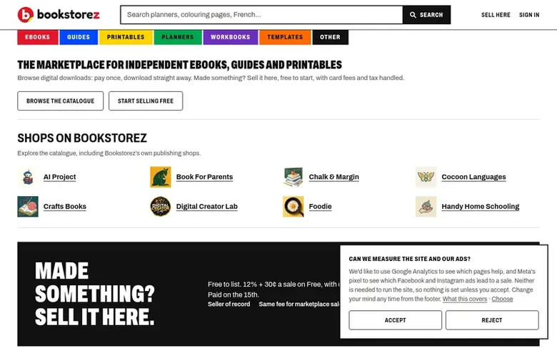 Screenshot of the Bookstorez homepage