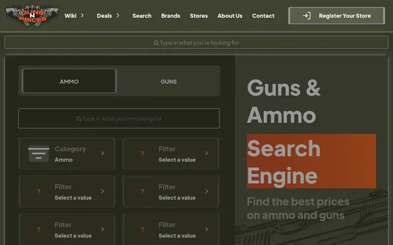Screenshot of the GunsNPrices homepage