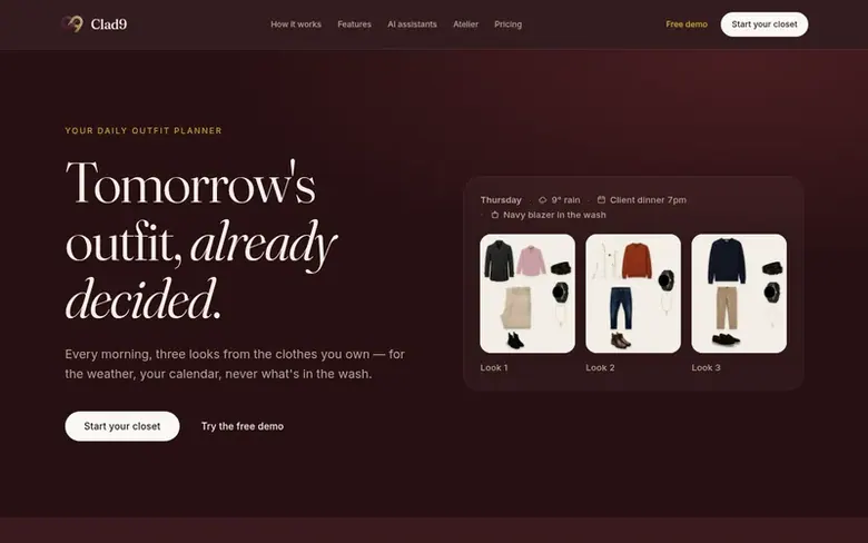 Screenshot of the Clad9 homepage
