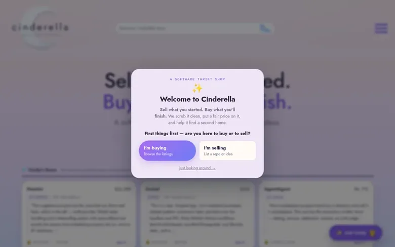 Screenshot of the Cinderella homepage