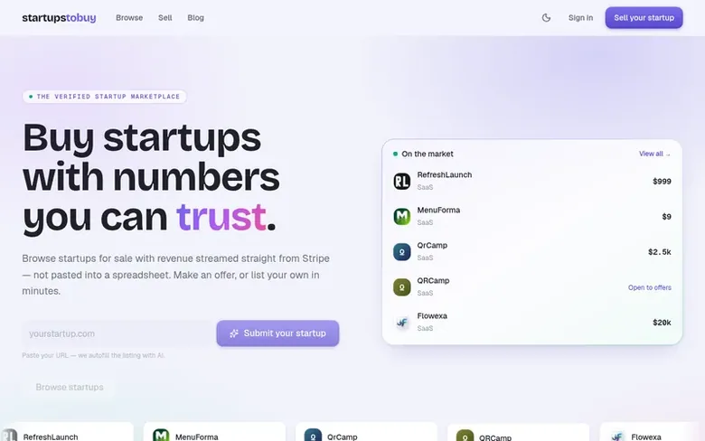 Screenshot of the startupstobuy homepage