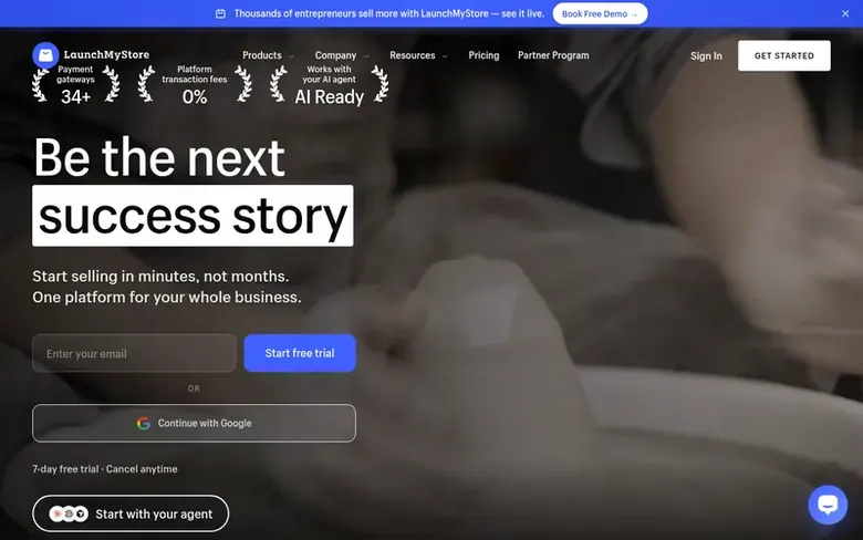 Screenshot of the LaunchMyStore homepage