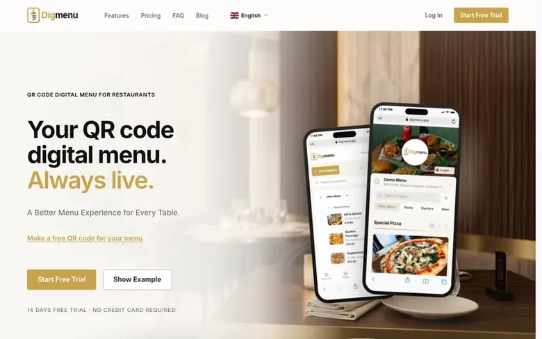 Screenshot of the Digmenu homepage